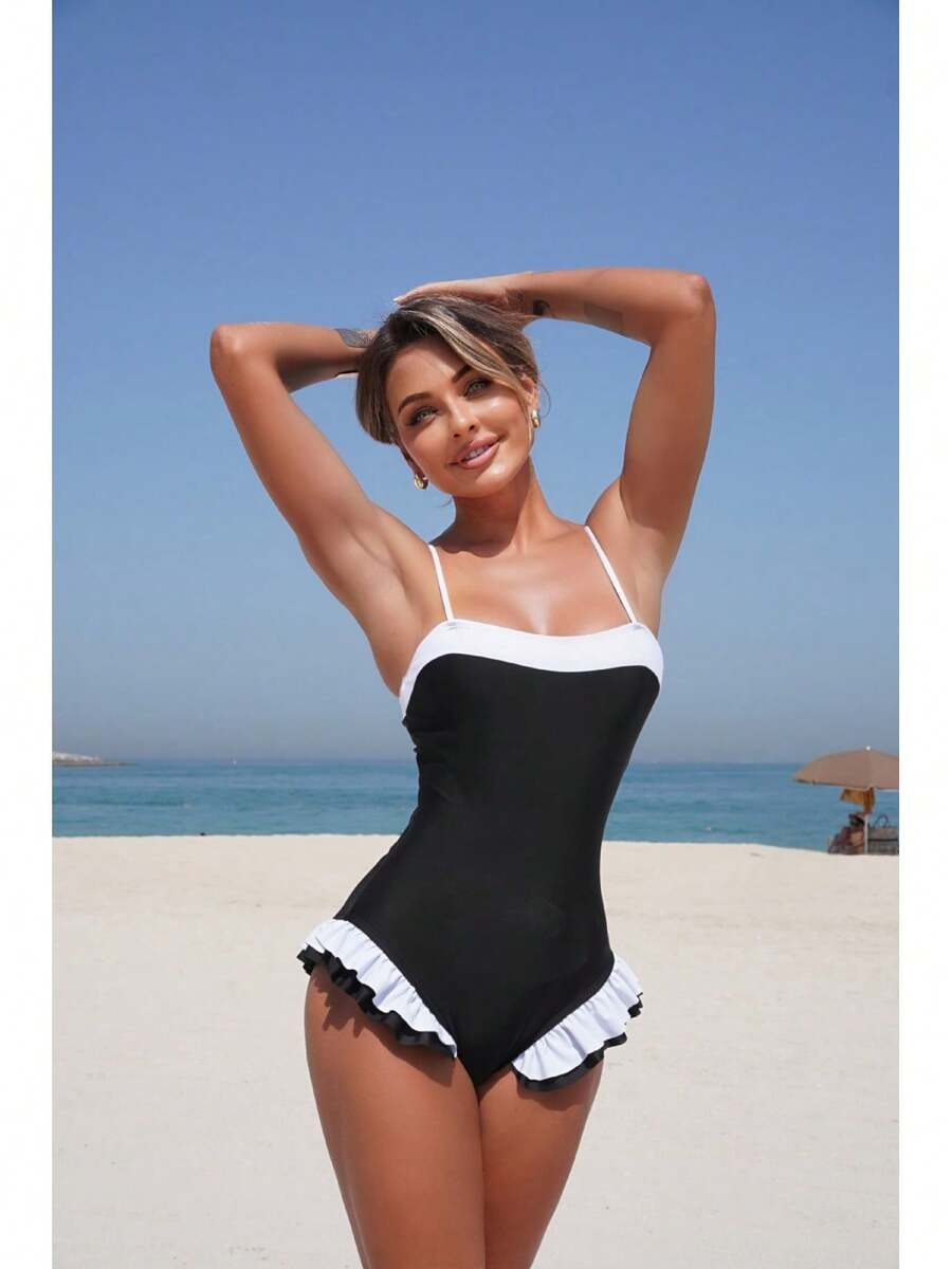 Traje de Baño de Una Pieza para Mujer, Elegante y Sexy, Color Sólido, con Volantes, Corte Ajustado, 2026 - Traje de baño negro 9344 - Ver 1