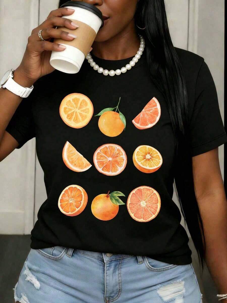 Camiseta Casual con Estampado de Frutas Cítricas para Mujer, Camiseta Blanca de Verano con Diseño Gráfico de Rodaja de Naranja, Top para Uso Diario, 100% Algodón, Resistente - Negro - Ver 1