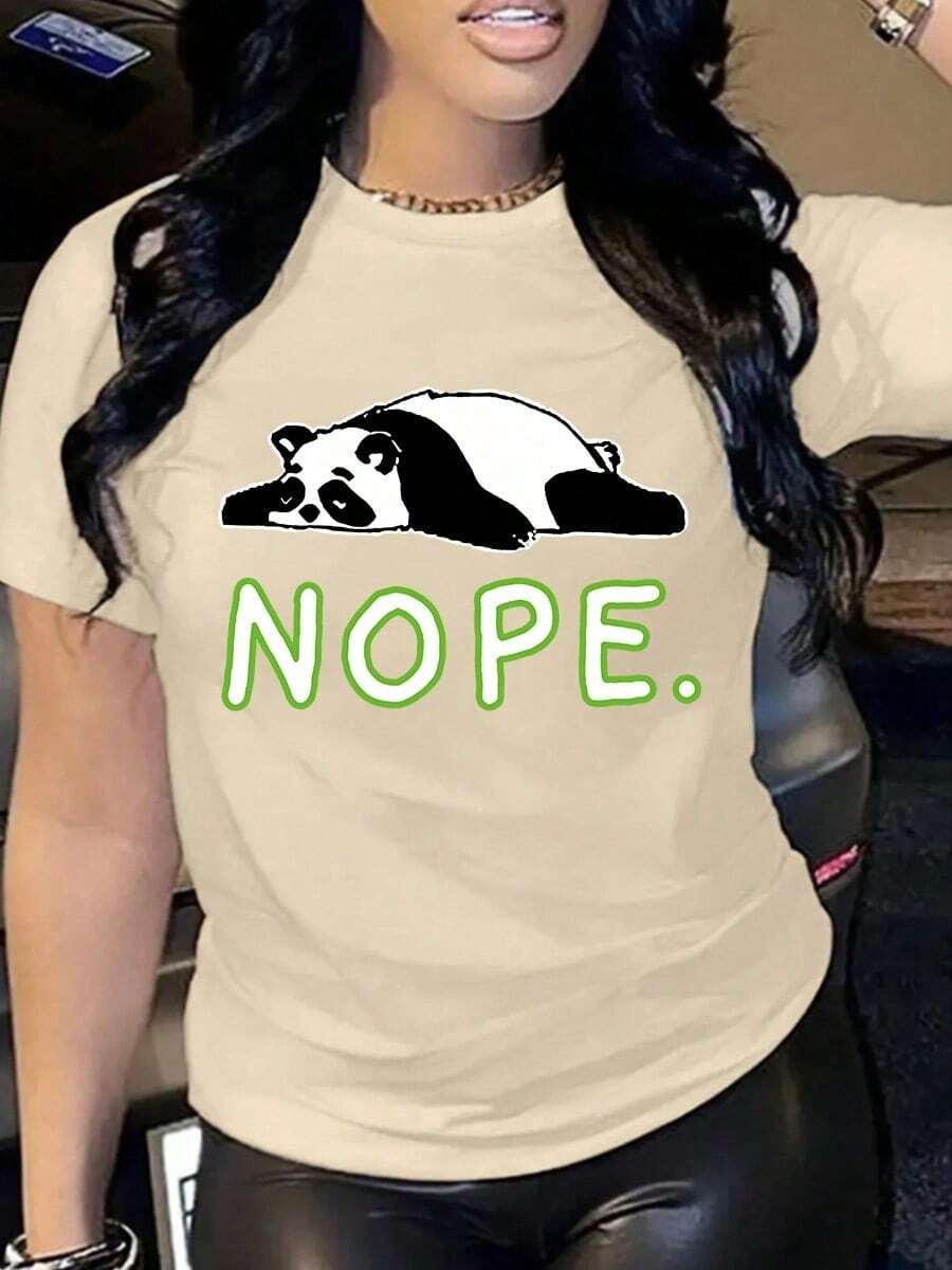Camiseta de manga corta para mujer con cuello redondo y estampado de panda y monograma NOPE. - Albaricoque - Ver 1
