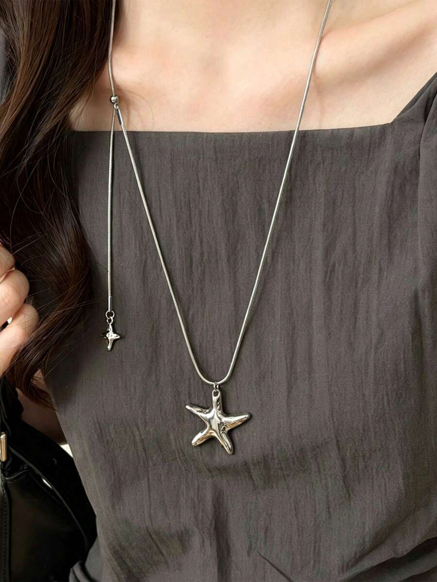 Korean Style Metal Star Pendant Necklace, Luxury Elegant Long Adjustable Tassel Sweater Chain Accessory For Women