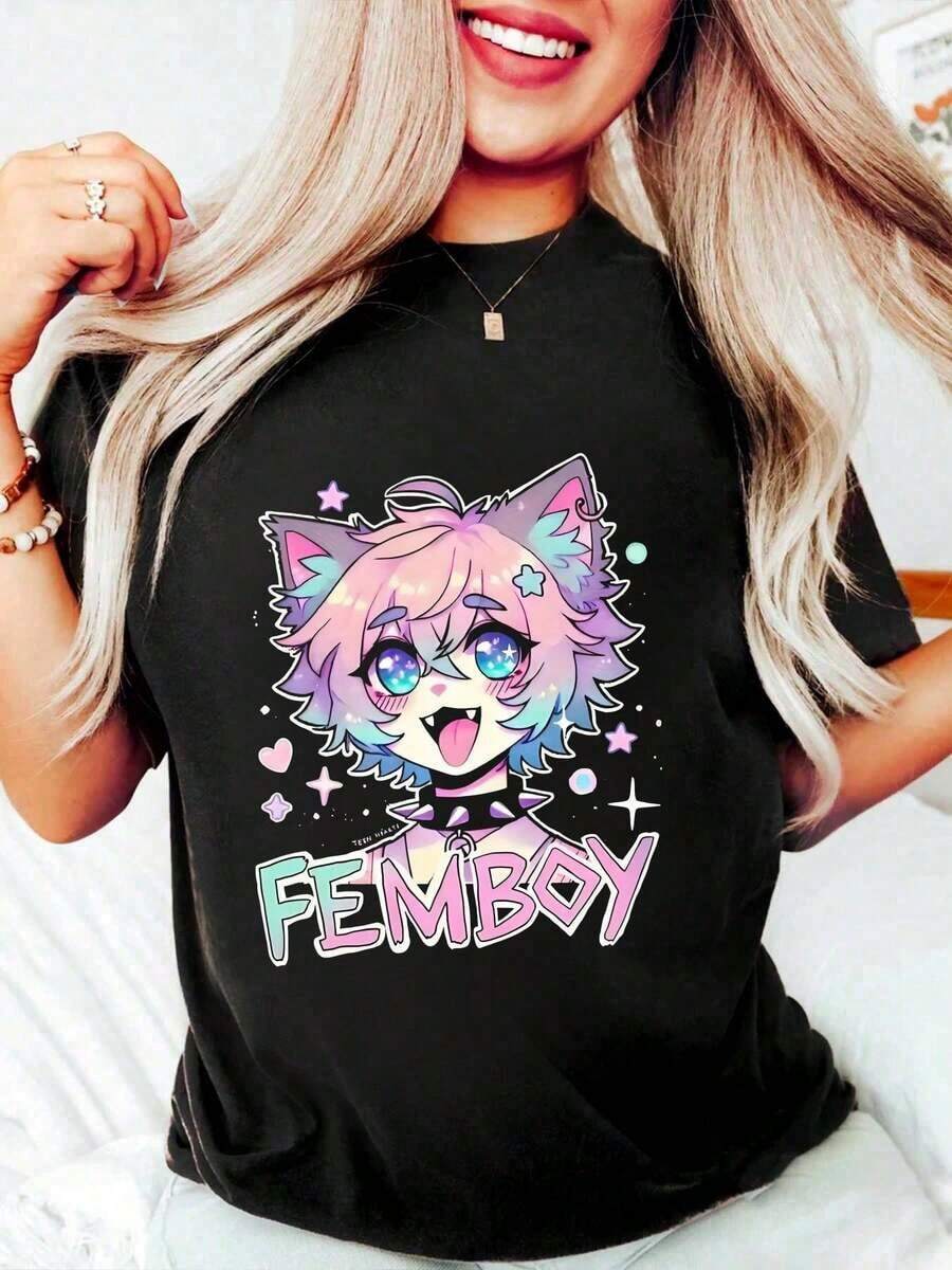 Camiseta Gráfica de Manga Corta con Cuello Redondo, 100% Algodón, con Diseño de Gato con Pelo Rosa, para Hombre y Mujer - Negro - Ver 1