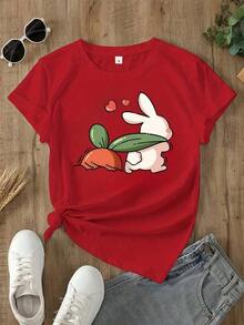 Nuevas llegadas para el verano. Camiseta con estampado gráfico, manga corta, cuello redondo, top casual para verano y primavera, ropa de mujer, blusa, camisa > Hermosa. - Rojo - Ver 13