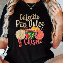 Women's Soft Graphic T-Shirt, Hispanic Mexican Design Concha Café Cafecito Pan Dulce Y Chisme, Printed T-Shirt For Summer Fashion, Comfortable Round Neck And Regular Fit, Pure Able For All Sizes 2026, Lightweight Summer T-Shirt, Regular Fit, Casual, Breathable, Essential For Daily Wear, Versatile Clothing, Modern Look, Comfortable Material, Short Sleeves For Young Adults - 黑 - 查看 9