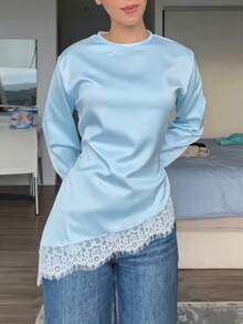 New Lace Patchwork Long Sleeve T-Shirt, Suitable For Dates, Vacations, And Everyday Wear In Spring/Summer - Light Blue - View 8