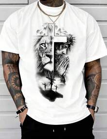 1pc Man S' Lion Cross Print White TShirt, Crew Neck, Casual Cotton Tee, Medium Stretch Knit Fabric, Regular Fit For Boys& Man, Perfect For Spring/Summer/Fall - 白色 - 查看 1