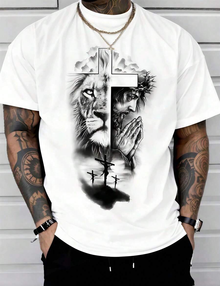 1pc Man S' Lion Cross Print White TShirt, Crew Neck, Casual Cotton Tee, Medium Stretch Knit Fabric, Regular Fit For Boys& Man, Perfect For Spring/Summer/Fall - 白色 - 查看 1