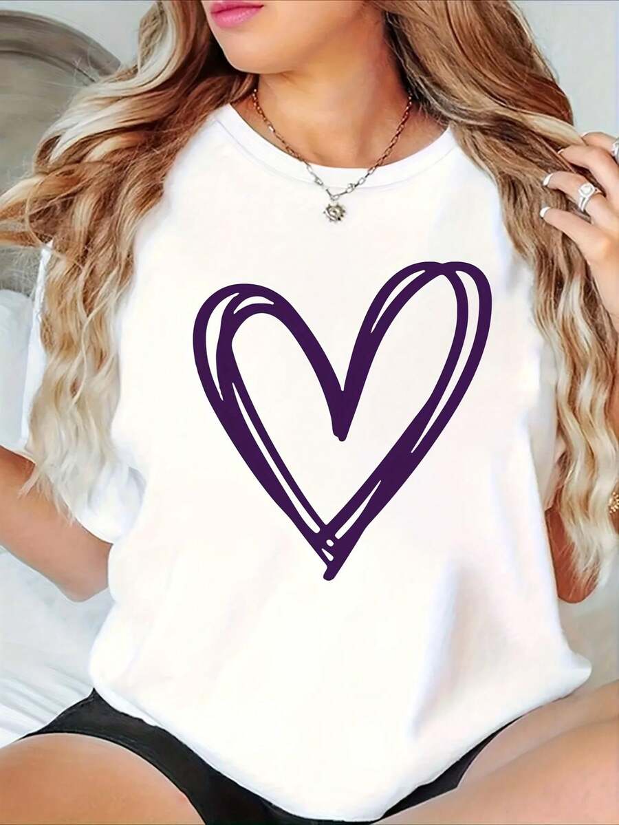 Tallas Grandes, Ropa de Mujer Tallas Grandes - Camiseta de Manga Corta 100% Holgada con Estampado de Contorno de Corazón Morado - Blusa Casual de Cuello Redondo, Lavable a Máquina, Top para Todas las Temporadas, Ropa Casual Cómoda e Idea de Regalo para Fiestas, Oficina o Descanso, Envío Local - Blanco - Ver 1