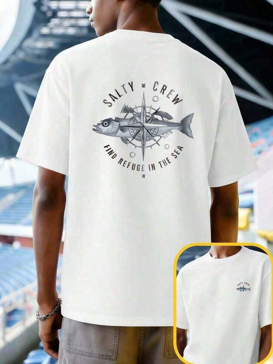 GiftCamiseta Salty Crew Compass Fish de primavera, informal, transpirable, estampado llamativo, estampado a doble caraSoft - Blanco - Ver 1