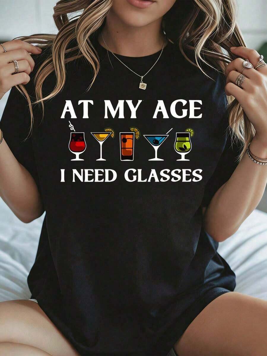 Elegante y casual mujer manga corta,Crewneck T Shirt Birthday Cocktail And Wine Glass Print At My Age I Need Glasses Black Casual Wear For Women Summer - Negro - Ver 1