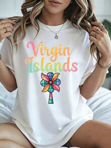 Elegant And Casual Short-Sleeved T-Shirt For Women, With Tropical Floral Print Of The Virgin Islands, Summer Vacation Beachwear, Casual White Top For Women, Summer 2024. - 白色 - 查看 8