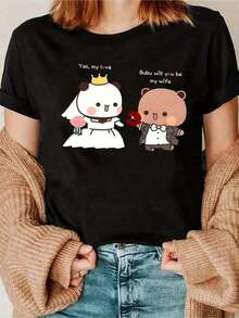 Fashionable Women's Casual Short Sleeve Crew Neck T-Shirt With Cartoon Bear Graphic Print, Boyfriend/Girlfriend, Lightweight, Breathable, Machine Washable, Spring/Summer Casual Wear, Funny Boyfriend/Girlfriend Print T-Shirts, Wedding Theme Print, All Season Fabric, Summer Clothes For Women, Cute, Printed. - 黑色 - 查看 6