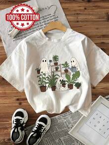 Camiseta de edición limitada con estampado gráfico, manga corta, cuello redondo, top casual para verano y primavera, ropa de mujer, algodón ligero. - Blanco - Ver 12