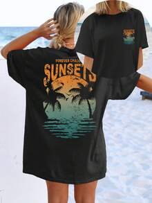 Vestido Camiseta Reversible con Estampado de Atardecer y Letras - Suave, Cuello Redondo, Manga Corta - Moda Casual para Mujer para Todas las Temporadas. Camiseta fresca de verano, estilo unisex. - Negro - Ver 8