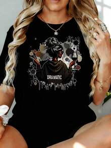 Camiseta Gráfica con Diseño de Mujer Dramática con Copa de Vino y Símbolo de la Paz para Mujer, Camiseta Casual de Talla Grande, Camiseta de Moda, 180g, para Ocio, Hogar, Aire Libre, Regalo para el Día de San Valentín o Fiesta - Negro - Ver 7