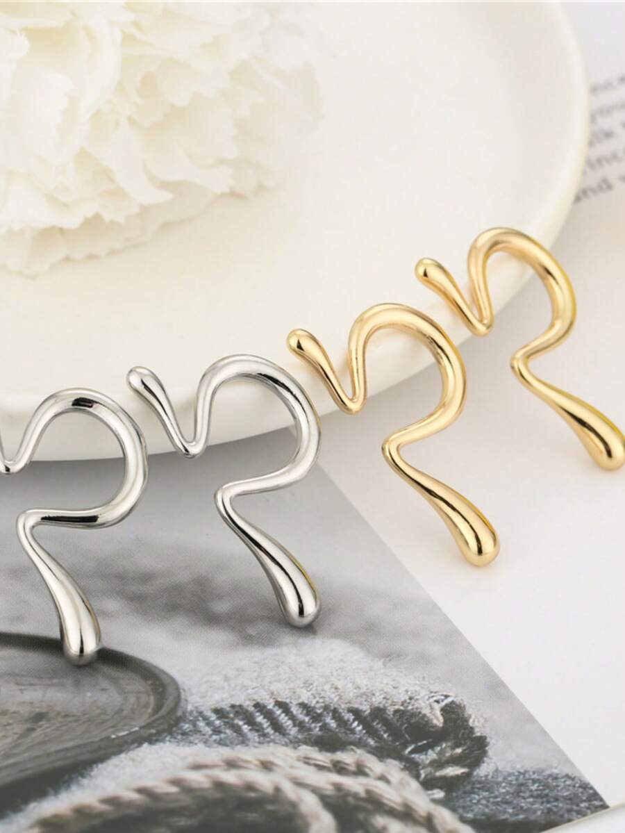 Gold Minimalist Molten Drip Ear Clips Earrings, Abstract Liquid Metal Wave Ear Climber Jewelry, Women's Daily Party Fashion Accessory - Long Ear Clip - View 1