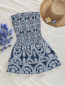 Vestido corto elegante bohemio de línea A con diseño de hombros abiertos, con volantes, cintura tableada elástica, corte hueco bordado y bajo con volantes - Multicolor - Ver 1