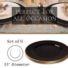 MAONAME Juego de 6 platos de carga s de 13 pulgadas, cargadores redondos con dorado, placas de carga decorativas de plástico para bodas, decoración de mesa - Borde dorado negro - Ver 5