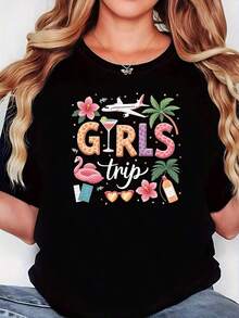 Camiseta de mujer con temática de viaje, adecuada para conjuntos, atuendos a juego para vacaciones y uso diario - Camiseta casual de manga corta con cuello redondo y estampado de viaje, lavable a máquina, ideal para primavera y verano, para despedidas de soltera y conjuntos para amigas. - Negro - Ver 1
