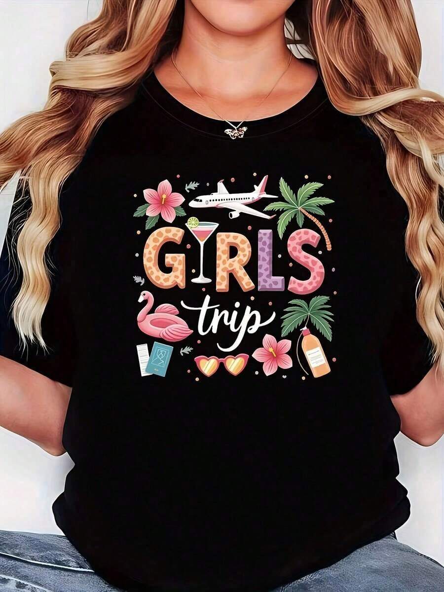 Camiseta de mujer con temática de viaje, adecuada para conjuntos, atuendos a juego para vacaciones y uso diario - Camiseta casual de manga corta con cuello redondo y estampado de viaje, lavable a máquina, ideal para primavera y verano, para despedidas de soltera y conjuntos para amigas. - Negro - Ver 1