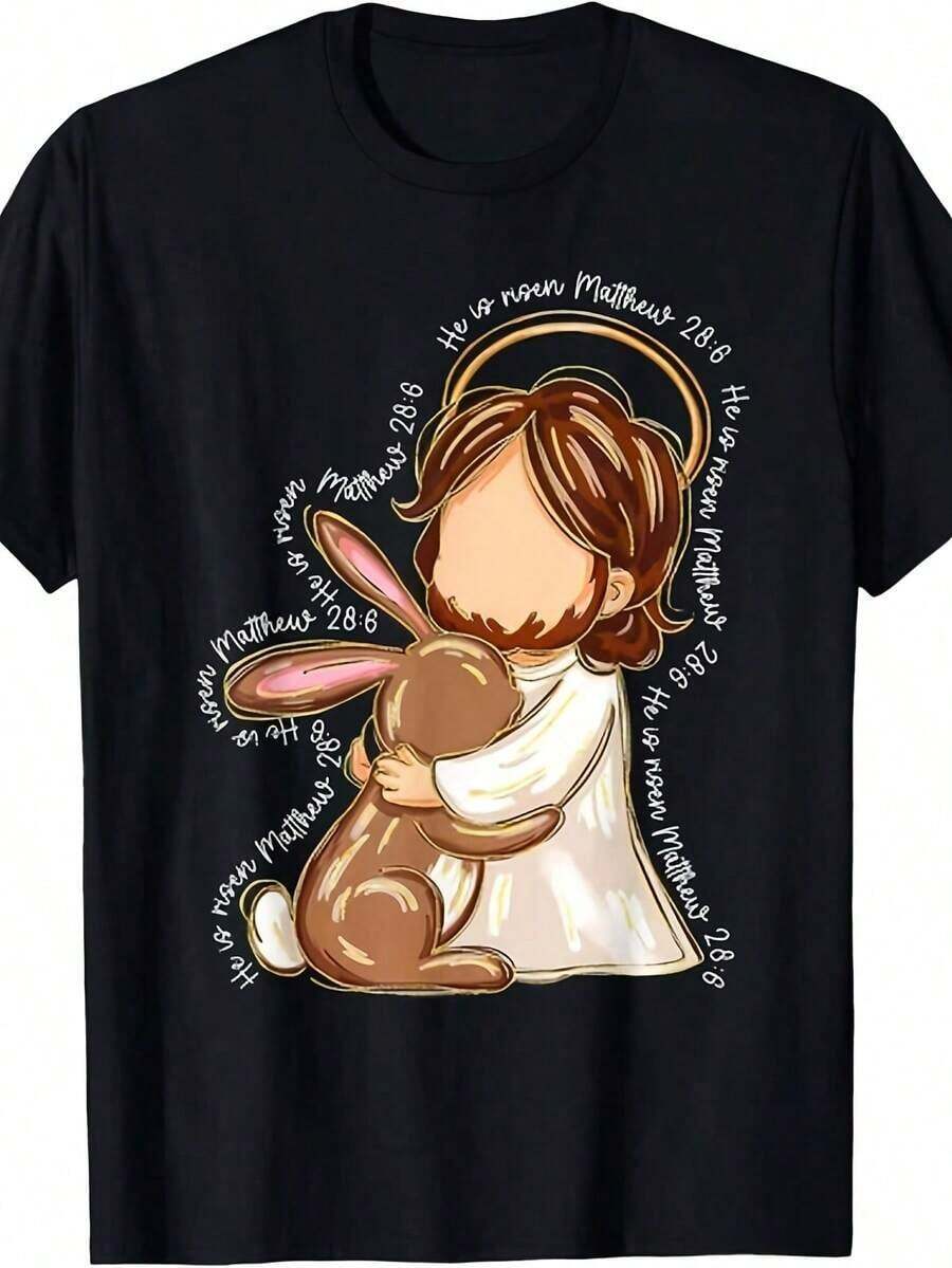 1 camiseta cristiana de Pascua "Él ha resucitado" - Diseño religioso de Jesús y conejo con el versículo bíblico Mateo 28:6, negra con detalles dorados - Camiseta unisex de algodón  de peso pesado para adultos, ideal para servicios religiosos del Domingo de Pascua y como ropa de fe cristiana para el día a día. 180g Algodón 100%. - Negro - Ver 1