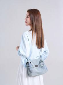 Túi đeo vai bằng vải màu xanh nhạt, túi đeo chéo thời trang nữ thiết kế dây rút, túi đựng đồ hàng ngày dung tích lớn, túi đeo chéo sành điệu. - Màu xanh nhạt - Xem 4