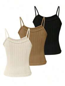 Conjunto De 3 Piezas De Camisetas De Tirantes Acanaladas De Mujer Con Color Sólido - Multicolor 2 - Ver 2