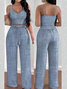 2 piezas Conjunto de top de camiseta elástica de tirantes finos y pantalones de pierna ancha con lazo delantero para mujer - Lavado ligero - Ver 4