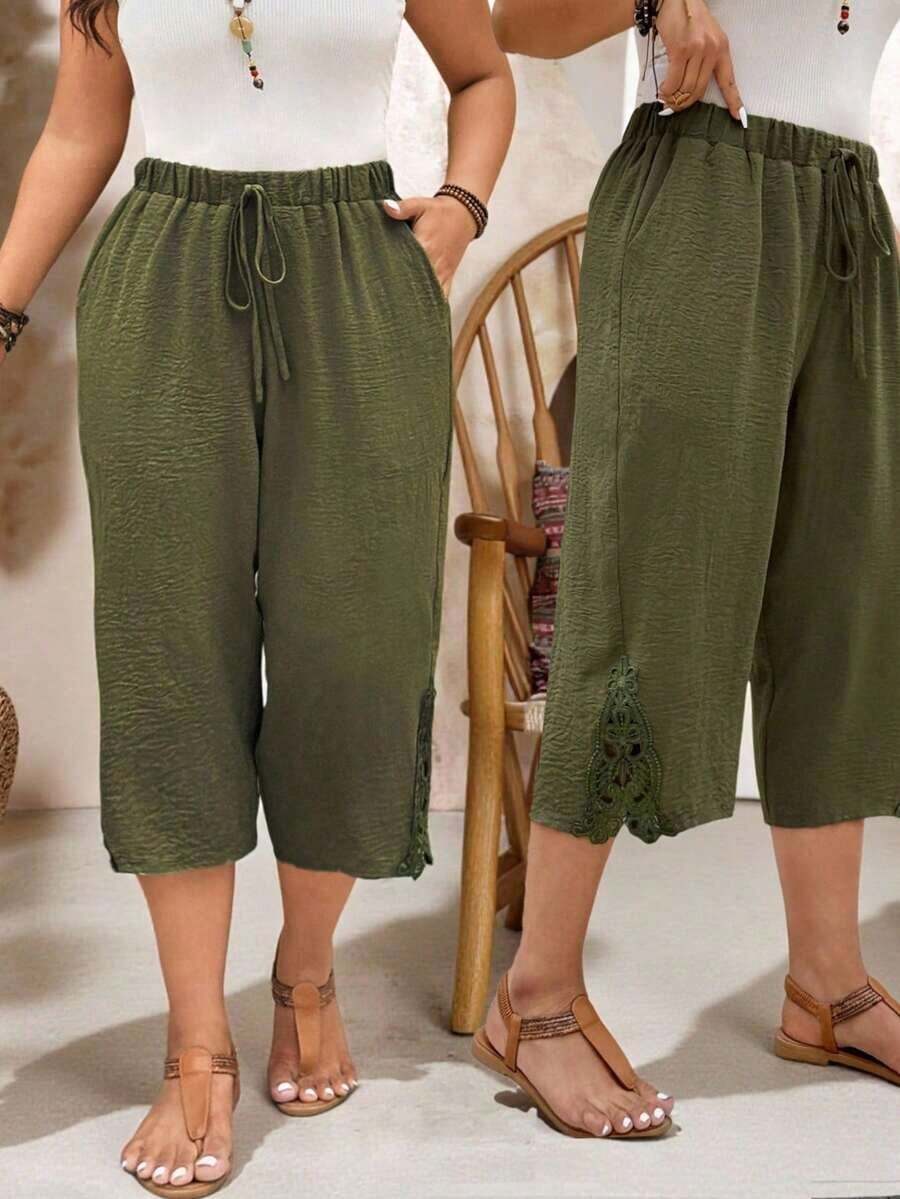 Pantalones capri informales de talla grande de un solo color - Verde militar - Ver 1