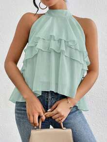 Blusa de gasa con volantes asimétricos y cuello suelto - Verde - Ver 9