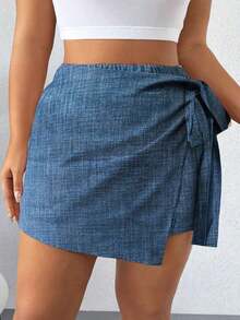 Falda pantalón informal de aspecto de mezclilla con doblez asimétrico y nudo lateral para mujer talla grande - Niebla azul - Ver 3