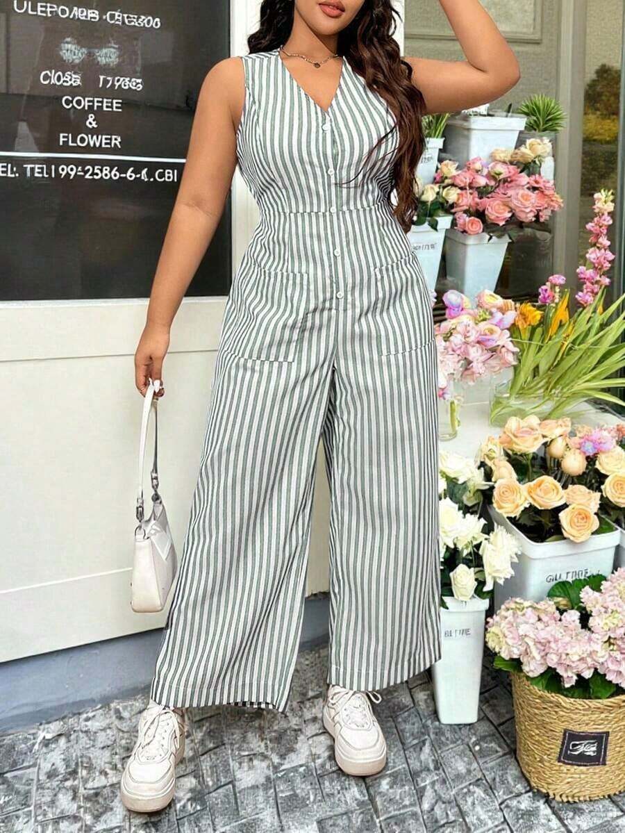 Enterizo casual sin mangas de talla grande con cuello en V y estampado de rayas con botón de un solo pecho - Verde - Ver 1