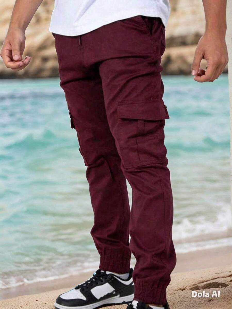 Men's Casual Military Tactical Pants - Multiple Pockets For Work And Sport - 酒紅色 - 查看 1