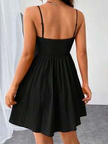 Vestido De Tirantes Con Pliegues Sólidos Para Mujeres - Negro - Ver 2