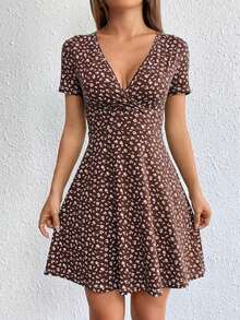 Vestido De Manga Corta Para Mujer Con Estampado Floral - Café integral - Ver 3