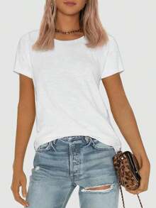 2026 Nueva Moda en Ropa OUTBALL Camisetas de Manga Corta para Mujer, Cuello Redondo, Tops Básicos de Moda, Corte Holgado, Ropa Casual de Verano, Prendas Suaves - Blanco - Ver 5