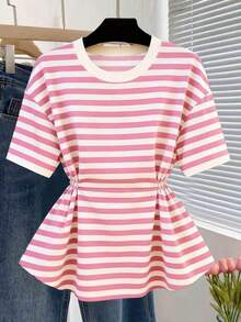 Camiseta de manga corta de cuello redondo con cintura a rayas, casual de verano para mujer - Rosa - Ver 7
