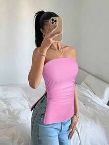 Top bandeau con pliegues en el bajo en color borgoña sólido - Uso casual diario, para usar en el Día de San Valentín - Rosa - Ver 6