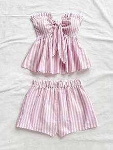 Set de 2 piezas para mujer con parte superior corta sin mangas con volantes y estampado de rayas y flores, y shorts casuales para verano, vacaciones en la playa y fiestas - Rosa - Ver 3