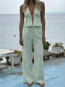 2 piezas Conjunto de top corto bandeau con volantes y pantalones de pierna ancha a rayas de Vaiaye, conjunto de camisola de lino a rayas de cuello en V profundo y pantalones casuales sueltos con cordón, conjunto sexy, lindo y elegante romántico de verano, algodón rastreable - verde claro - Ver 3