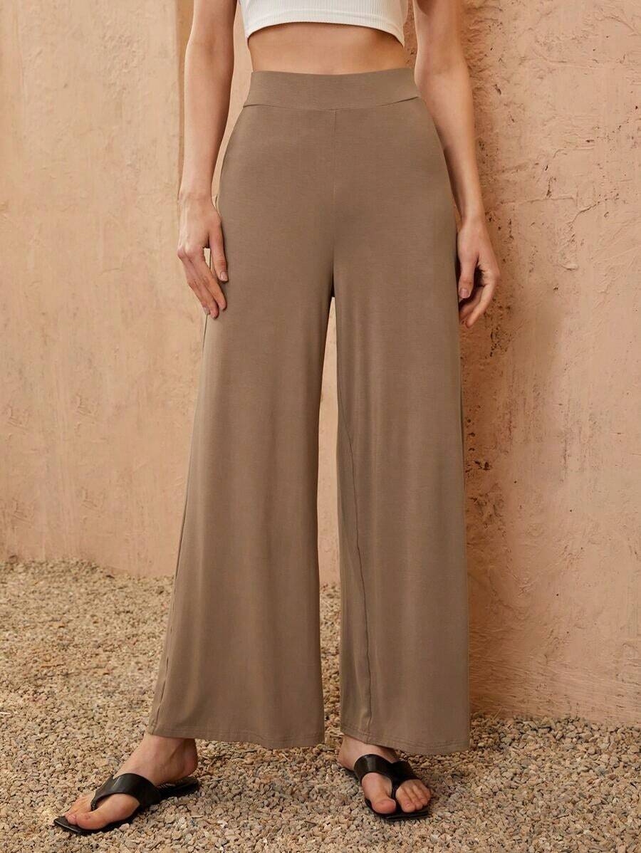 Pantalones casuales de mujer de cintura alta, sueltos, de unicolor y de pierna ancha - Camel - Ver 1