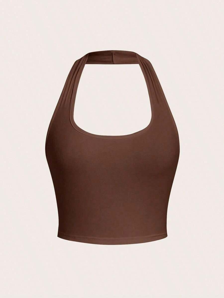 Camiseta de tirantes de ajuste ceñido con cuello halter, color liso y corta, de estilo minimalista y casual para mujer, de verano - Marrón - Ver 1