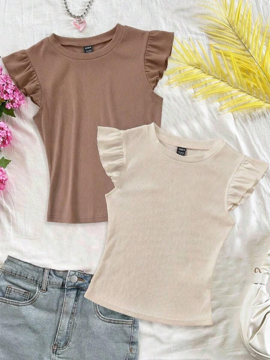 Set de 2 tops de camiseta de cuello redondo ajustados de tela acanalada en negro y rojo rosa, apropiados para verano con mangas con volantes, adecuados para salir - Multicolor 5 - Ver 1