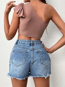 Camiseta crop de un hombro ribete con fruncido - Rosa coral - Ver 2