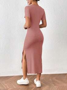 Frenchy Vestido elegante de unicolor de manga corta con abertura simple para mujeres - Marrón - Ver 2