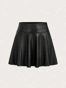 Falda de mujer casual de cintura alta de material de punto y PU - Negro - Ver 1