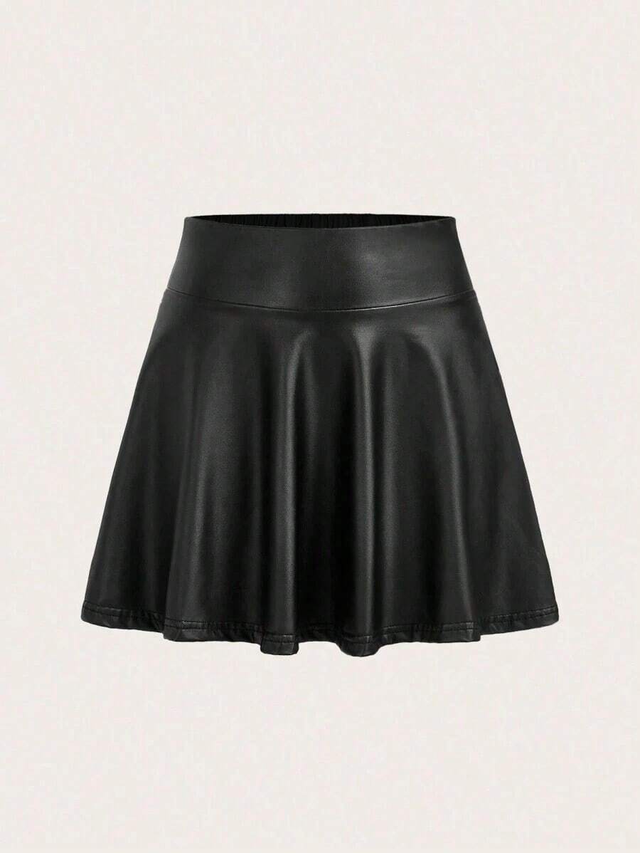 Falda de mujer casual de cintura alta de material de punto y PU - Negro - Ver 1