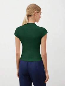 Camiseta de mujer de manga corta con cuello alto y mangas de murciélago, de unicolor, para uso casual de negocios, uniforme de maestro, ropa de oficina, escuela, top básico, estilo vintage - Verde - Ver 2