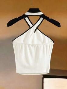 Blusa de cuello halter blanca con ribete negro.Ropa de playa, adecuada para otoño e invierno, uso casual en la oficina, versátil, Navidad, Año Nuevo, uso casual y elegante diario, atuendo profesional de maestro urbano - Blanco y Negro 2 - Ver 2