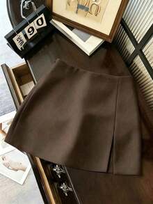 Falda de unicolor elegante, adecuada para negocios, viajes, estilo vintage romántico, casual de calle, citas, cenas, vacaciones y reuniones.Diseño con abertura lateral a la moda y sexy para primavera y verano - Café integral - Ver 1