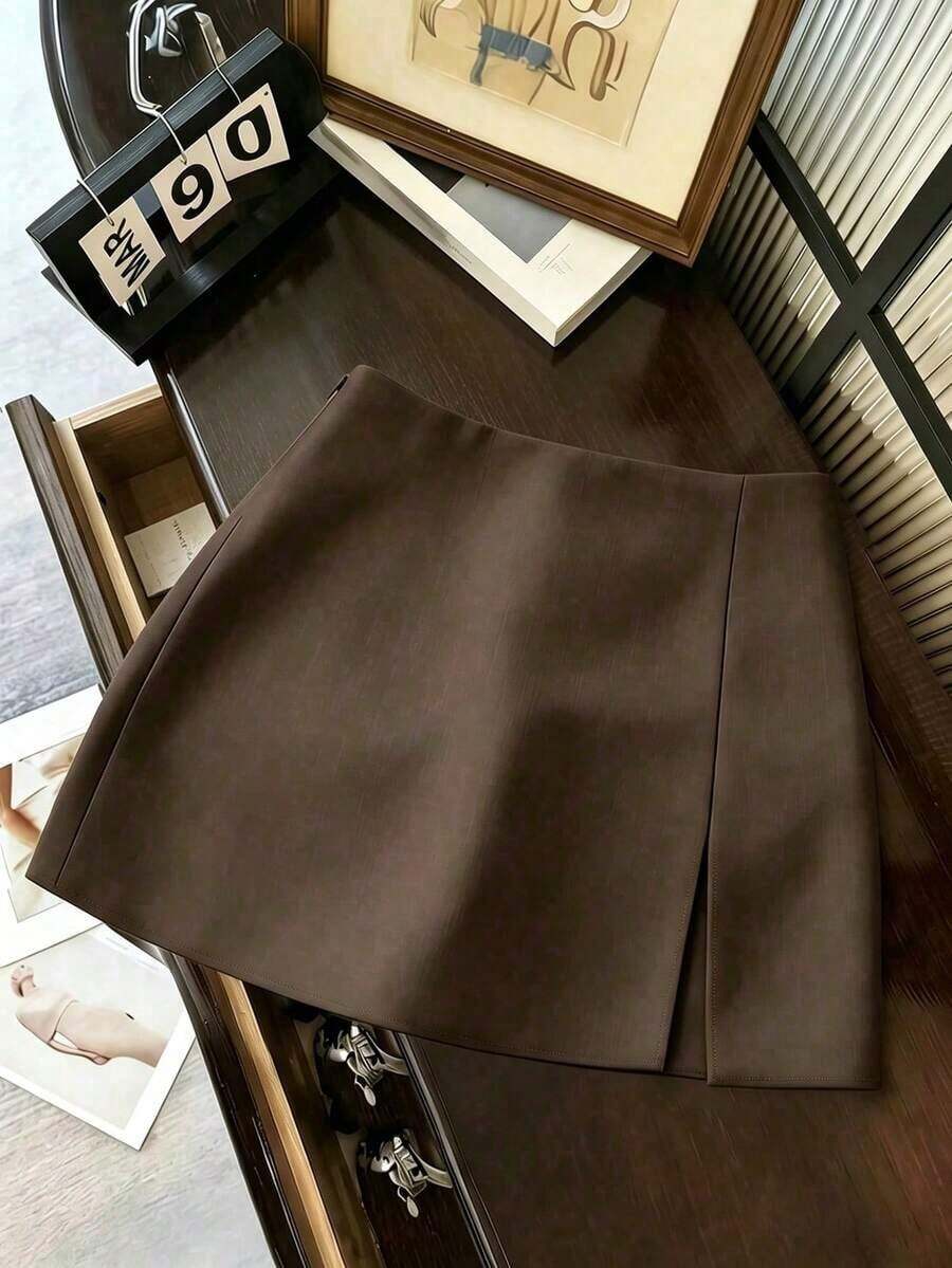 Falda de unicolor elegante, adecuada para negocios, viajes, estilo vintage romántico, casual de calle, citas, cenas, vacaciones y reuniones.Diseño con abertura lateral a la moda y sexy para primavera y verano - Café integral - Ver 1